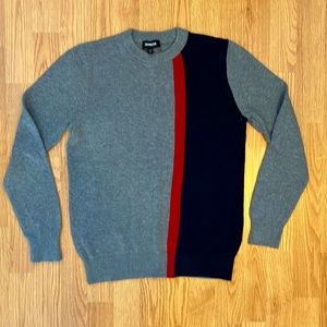Express Men’s Size Small Sweater, Grey with Navy & Red Block Stripes
